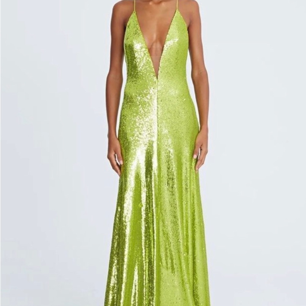 COPY - Halston Kiara Sequin Plunge V-Neck Sleeveless Neon Green Formal Gown Siz…